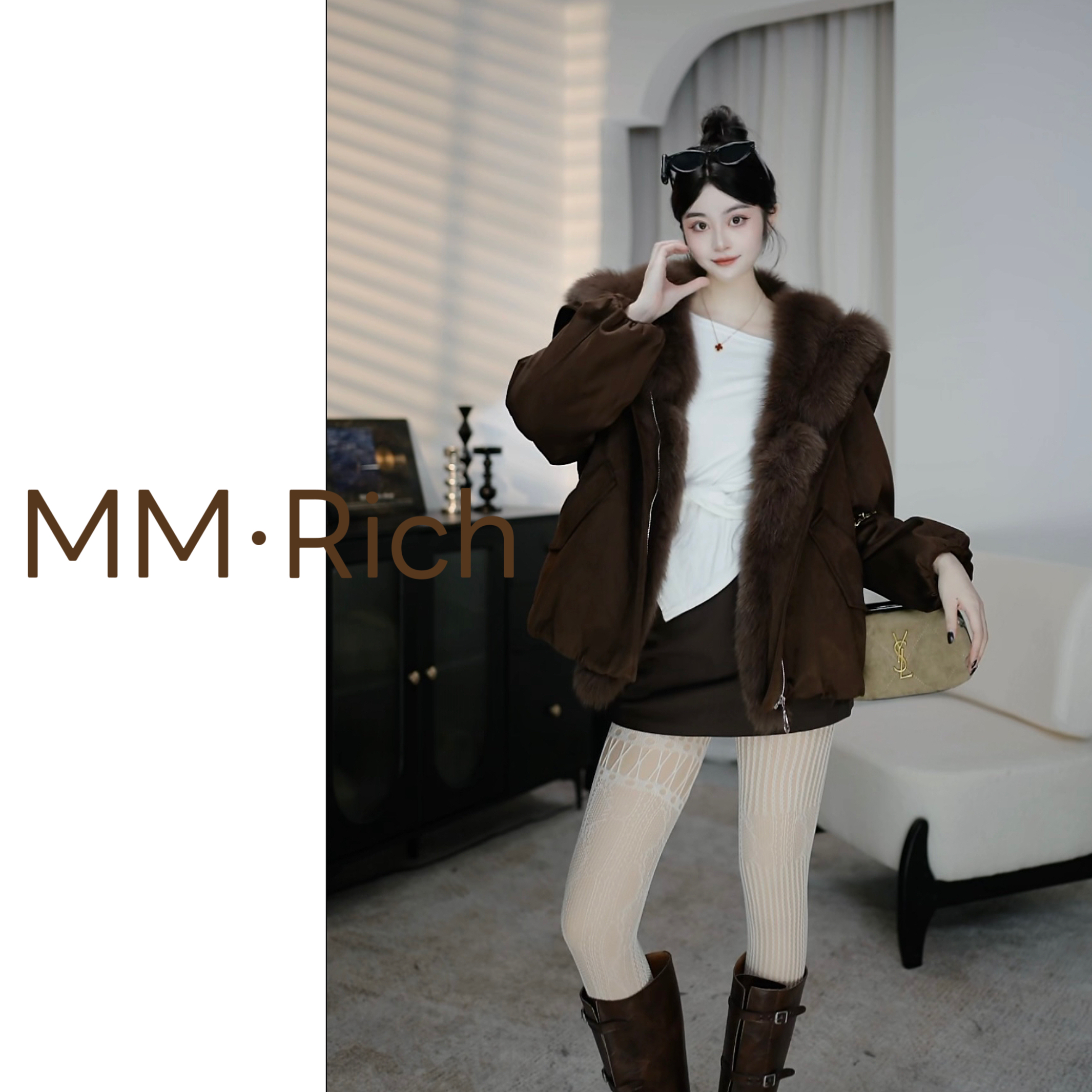 多金Rich.丝绒玛奇朵气质鹅绒毛毛外套网红短款