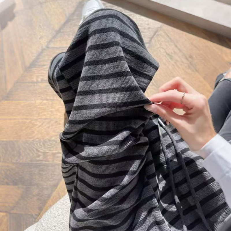 简约条纹休闲裤女夏季松紧腰显瘦气质时髦洋气百搭直筒阔腿裤