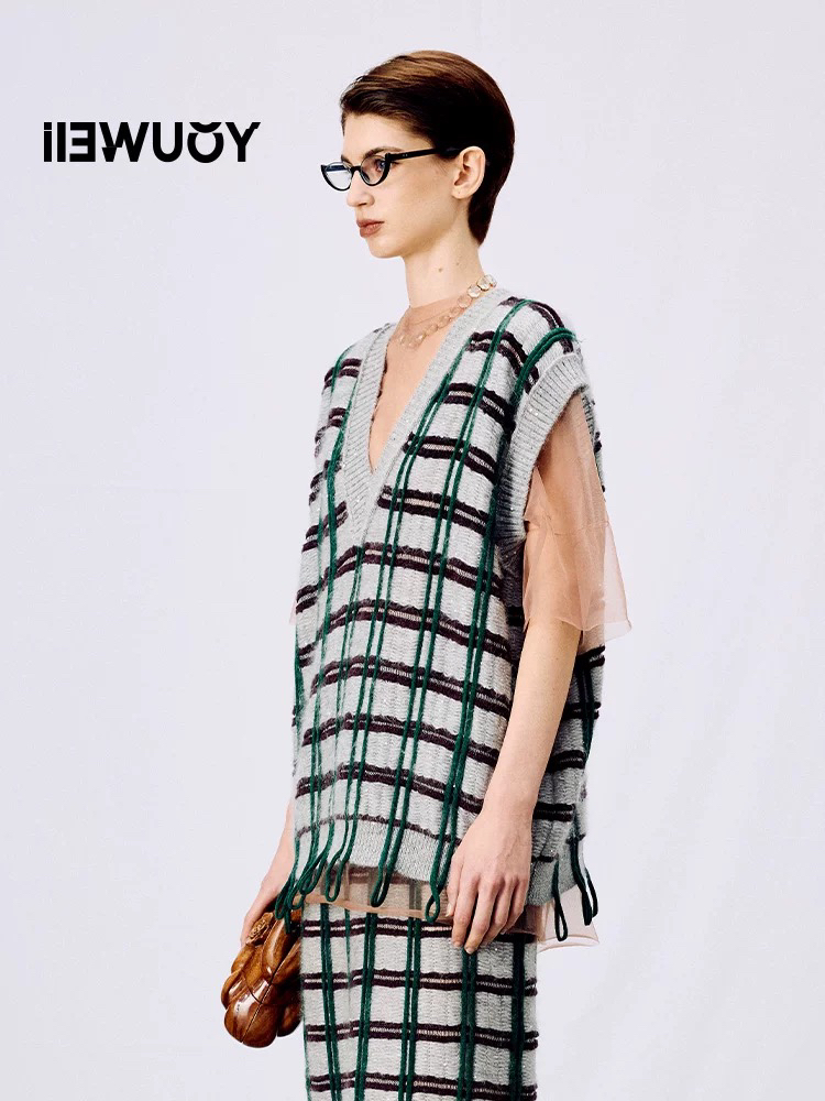 Youwel.2025春季女装格子流苏毛衣背心女甜美风针织背心