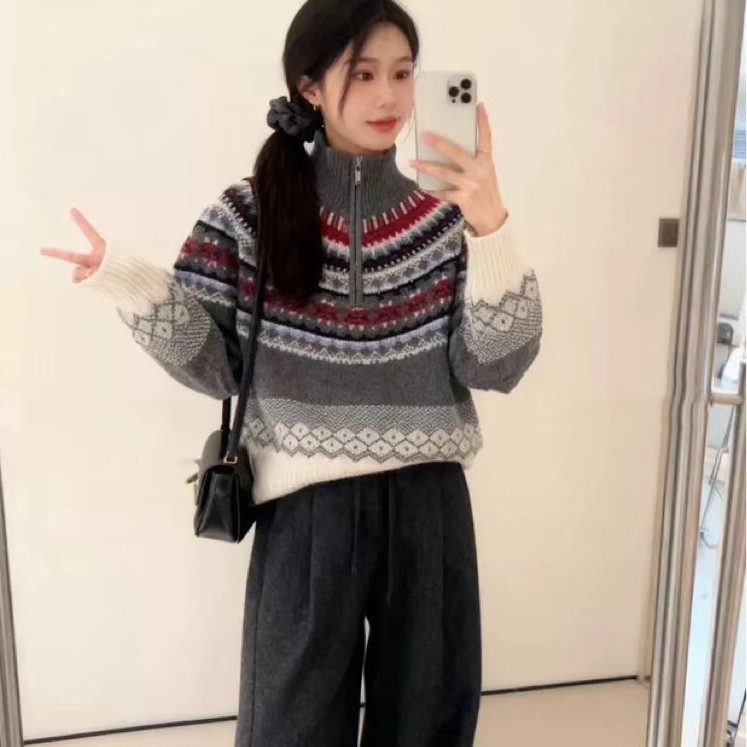 2506秋冬新款费尔岛半拉链提花时尚针织衫上衣