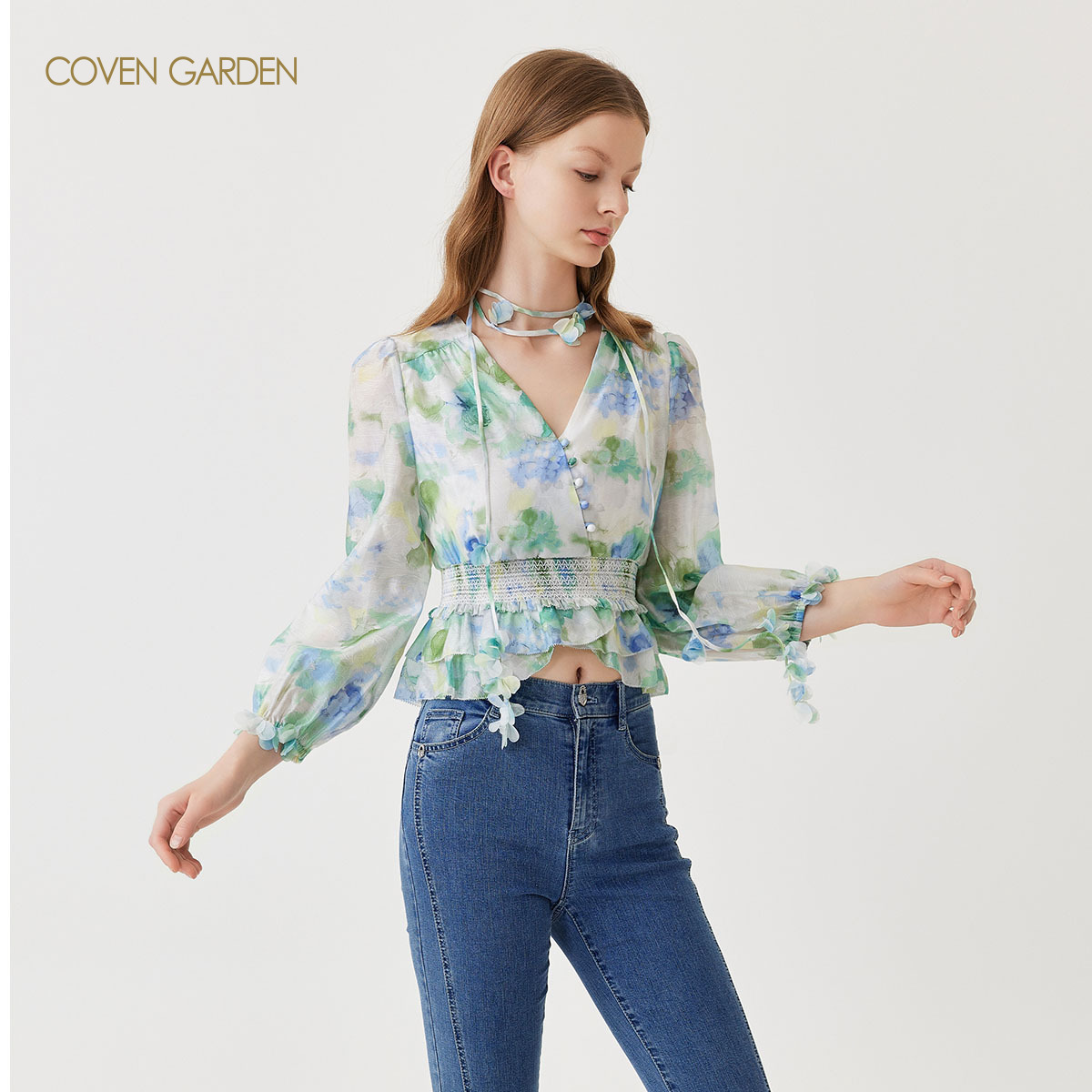 【达人专属】哥文花园水墨印花收腰衬衫女上衣法式CLA1015390