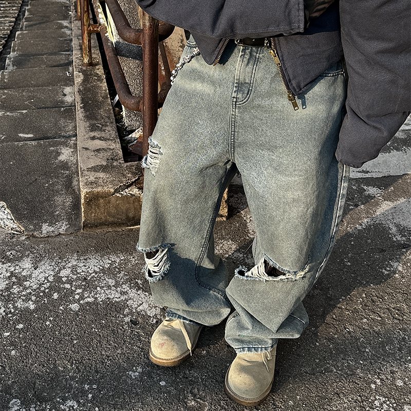 白鹤大人复古水洗个性破洞做旧牛仔裤男女宽松做脏百搭补丁阔腿裤