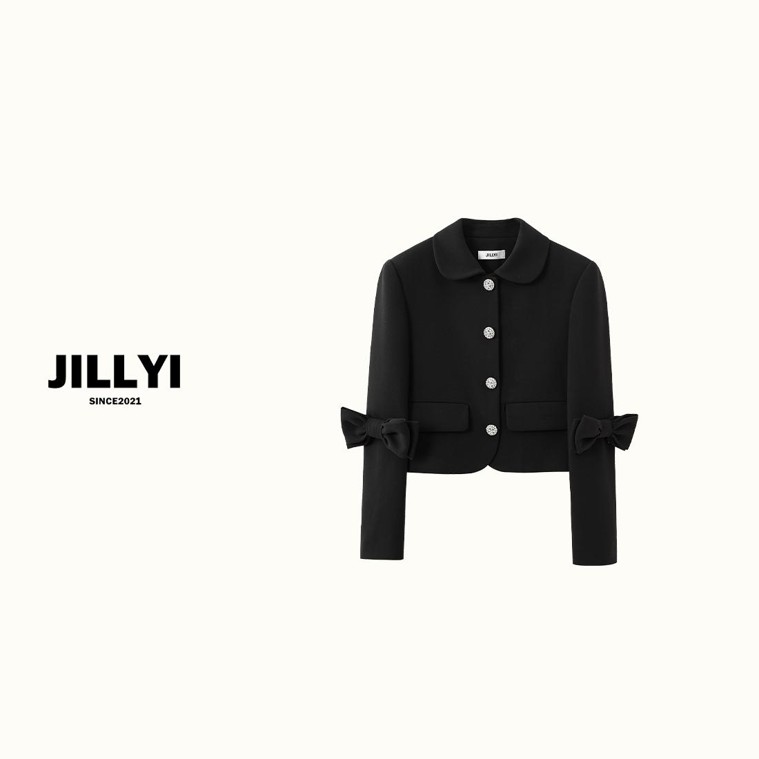 jillyi【丝绒深黑】黑色半开领单排珍珠扣袖子蝴蝶结洋气时尚短外套