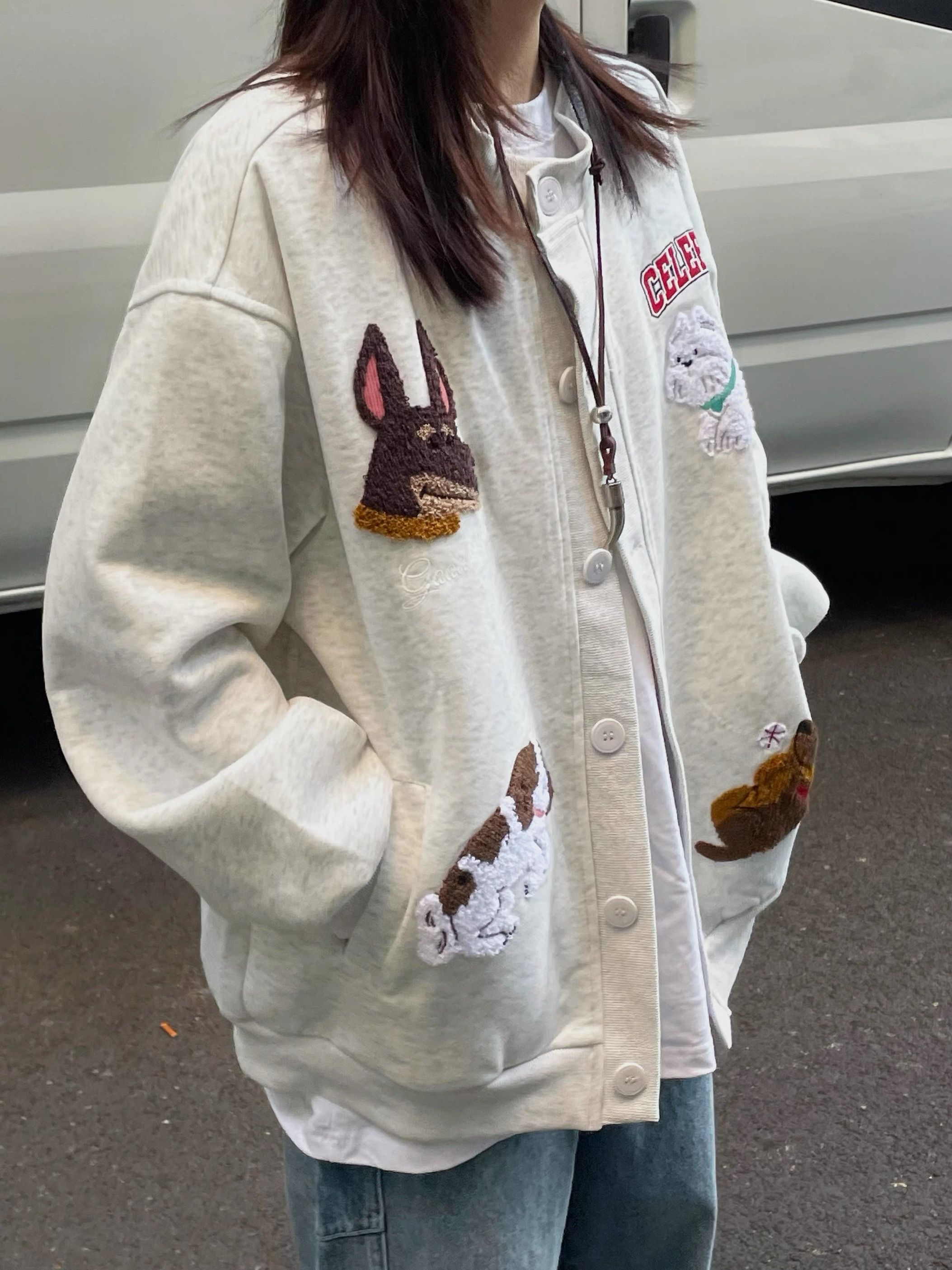 美式高街毛巾刺绣小狗棒球服开衫外套春秋款潮牌百搭情侣上衣女男