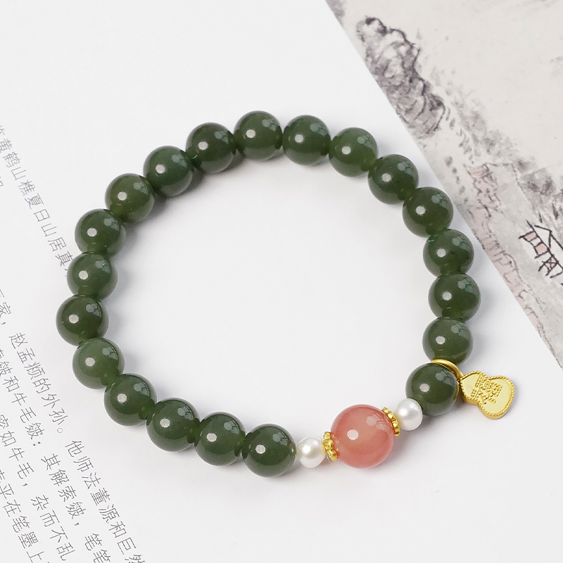 天然和田玉南红玛瑙淡水珍珠女士手串珠单圈手链多样性发一-8916