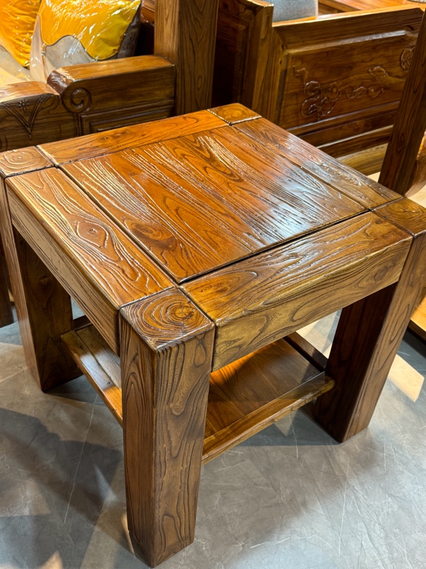 精工老榆木手工拉丝双层大料方几