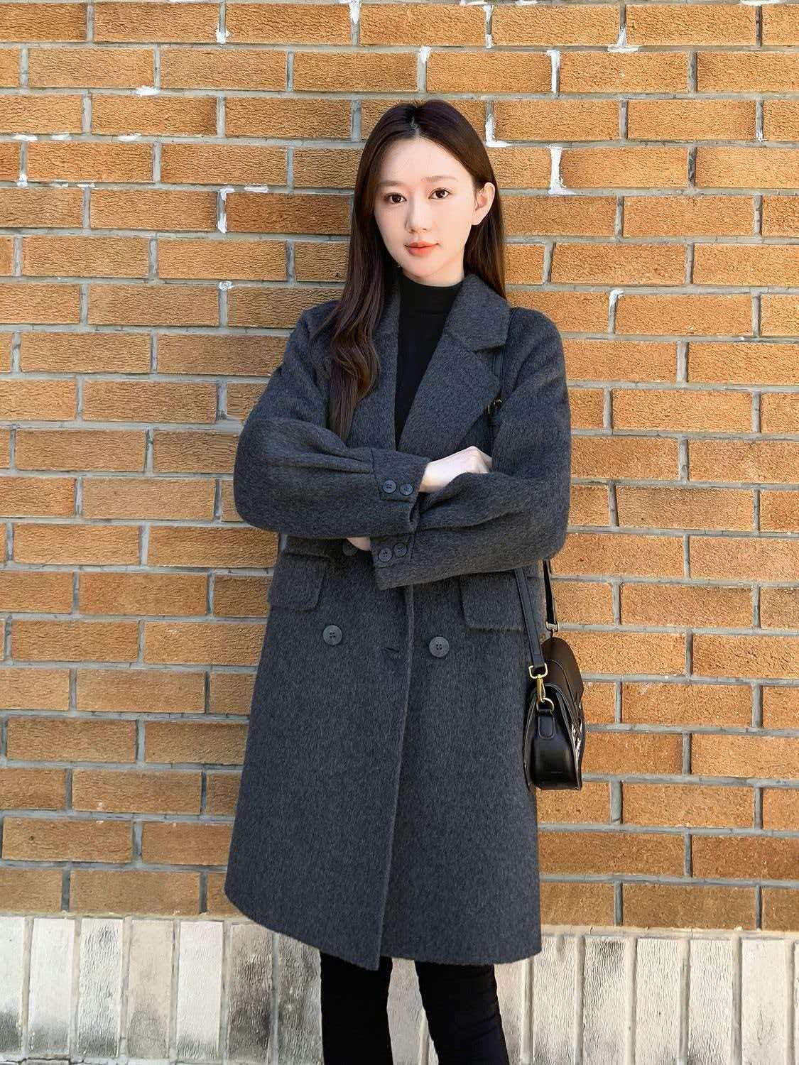 高级感深灰色呢子大衣女中长款2025秋冬新款小个子西装领毛呢外套