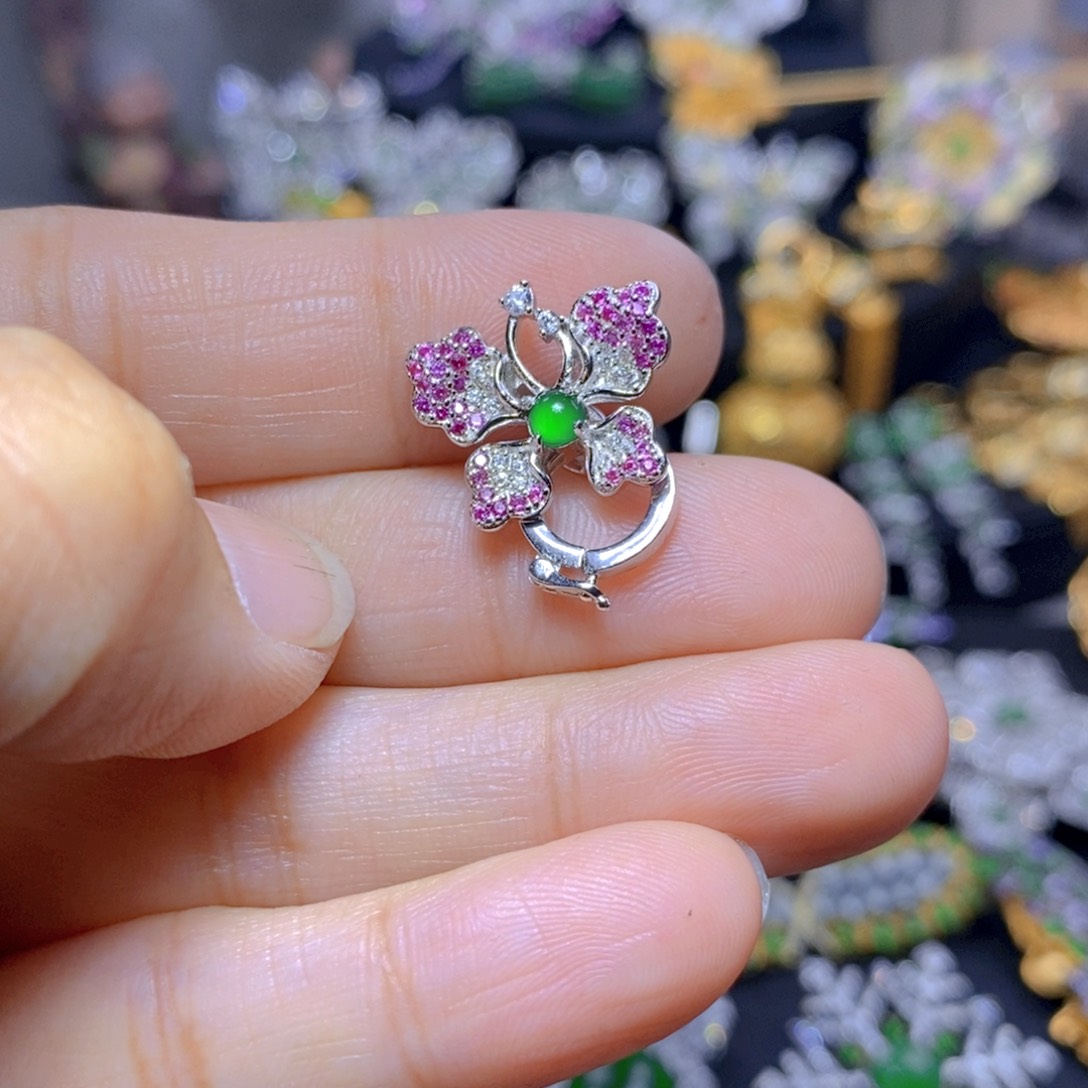 翡翠耳钉银S925镶嵌天然翡翠