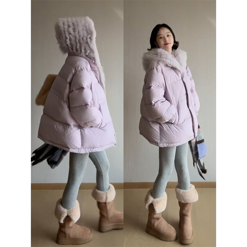 parkyeon韩系穿搭紫色连帽棉服女秋冬新款加厚保暖面包服棉衣外套