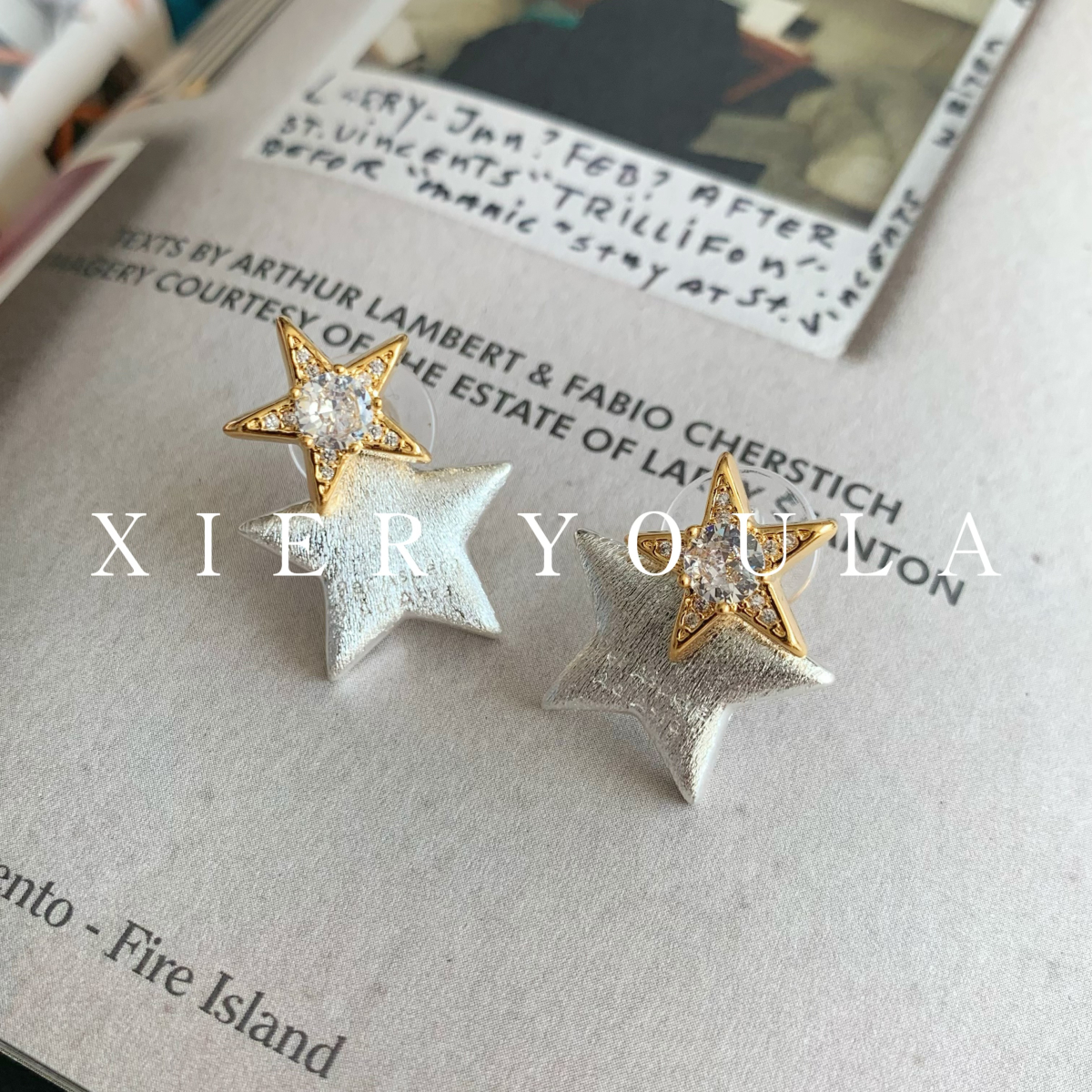 铜合金合成锆石耳饰 【喜儿ula】4-13-13轻奢拉丝拼色两戴精致耳钉