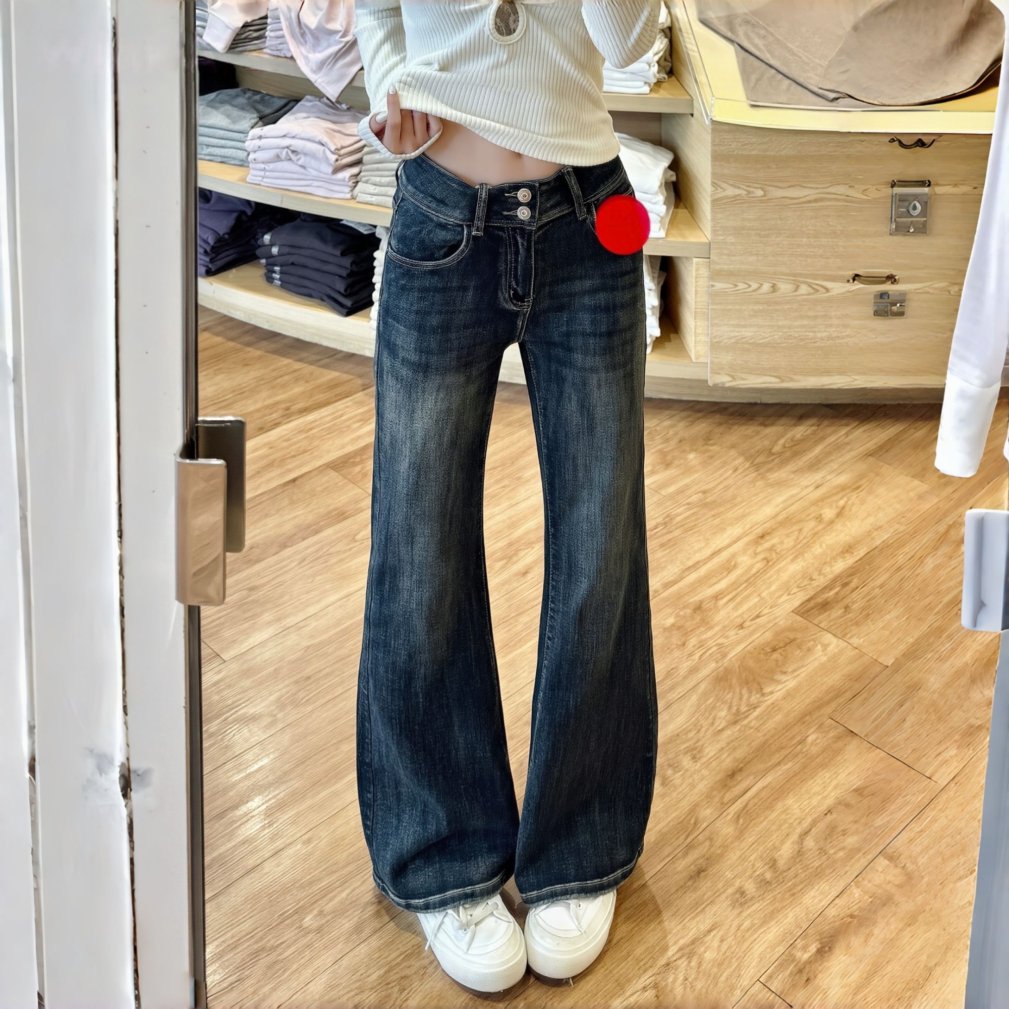 秋季加绒暗黑纯欲慵懒风微喇牛仔裤女小个子梨形身材高腰牛仔裤子