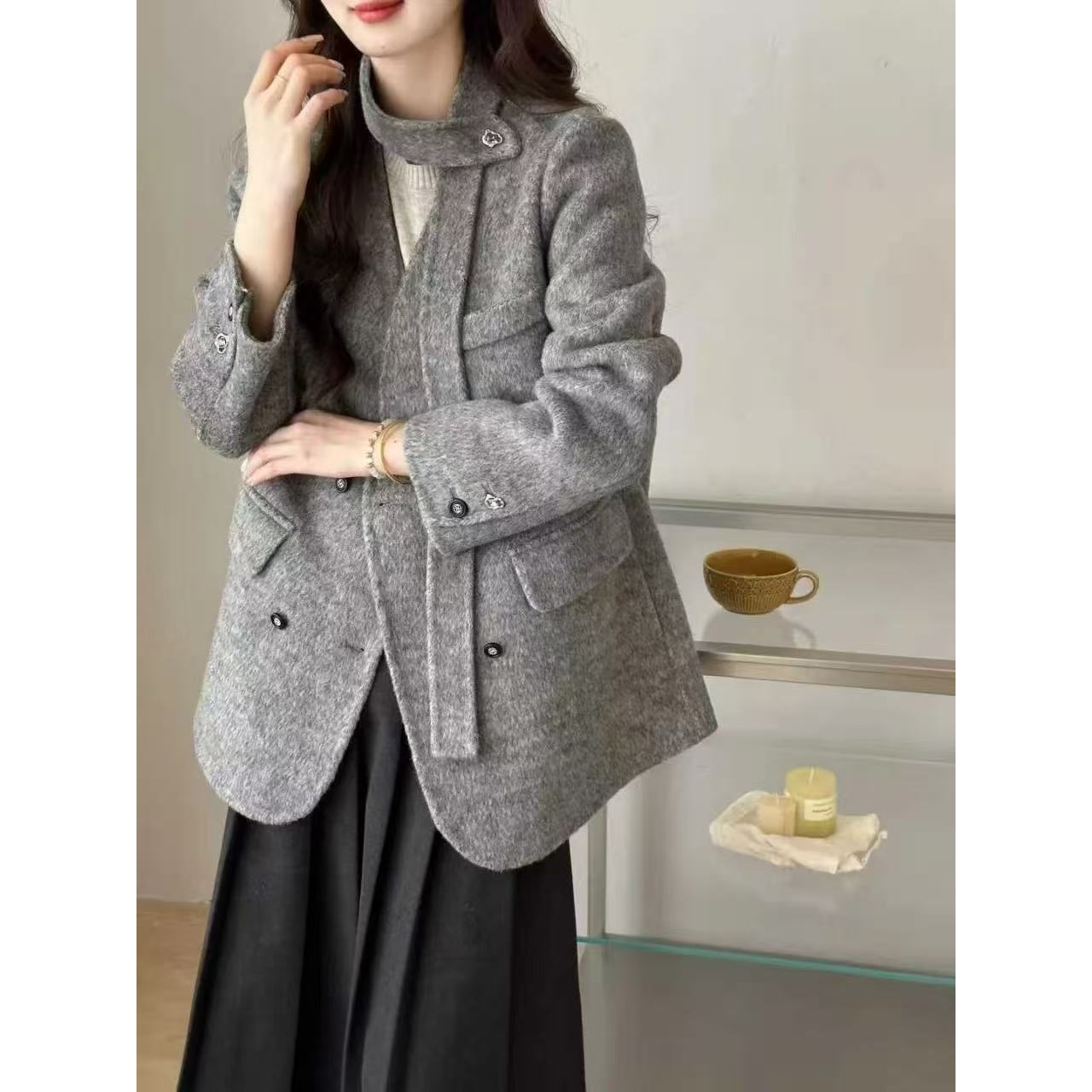 双面羊毛外套中短款小香风韩版宽松百搭休闲时尚女士秋冬新款