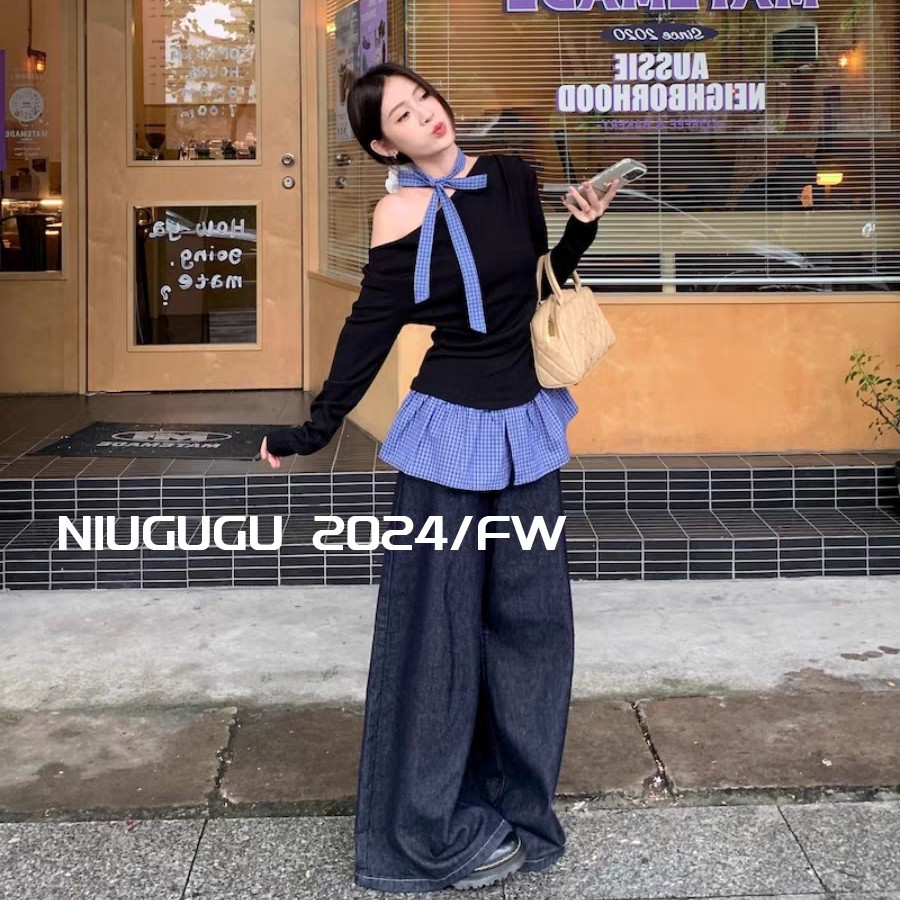 12091蓝格子飘带上衣S-XL【D2】