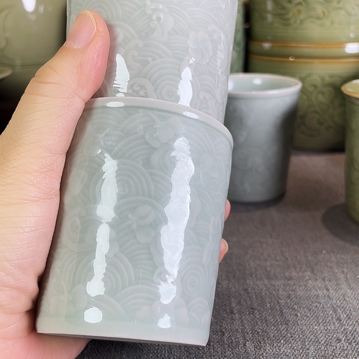 乌***@耀州窑天青釉落花流水小可乐杯一对