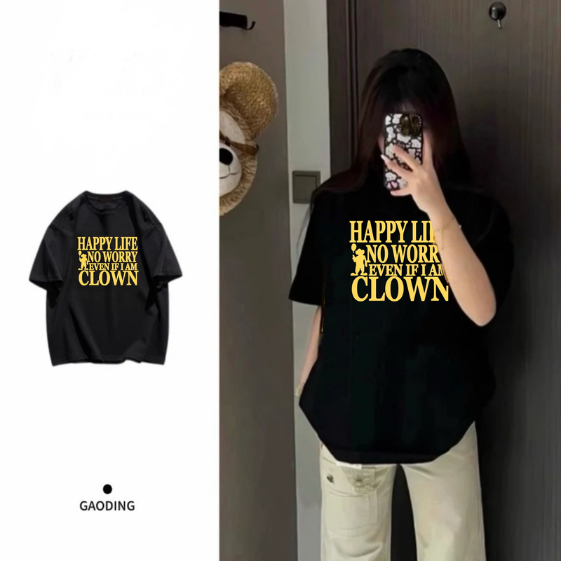 AZGO潮牌夏季宽松印花圆领ins百搭网红情侣设计感T恤（黄色字母）