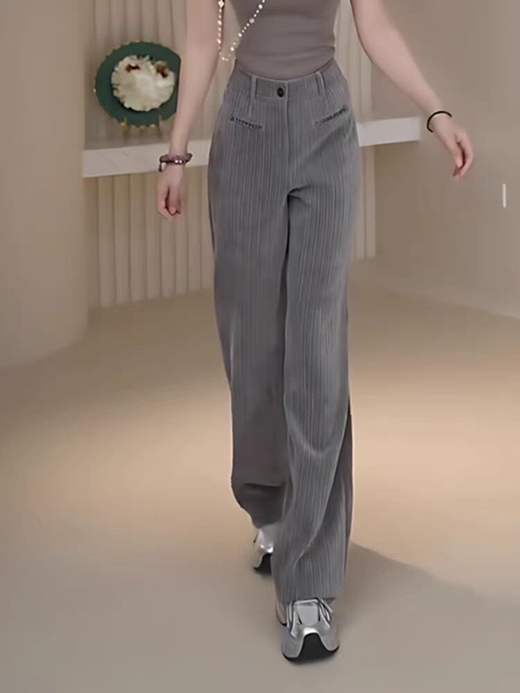 商场同款秋冬款条纹休闲通勤显瘦厚款雪尼尔保暖直筒长裤510058