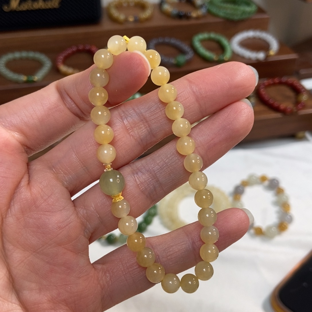 和田玉18K金镶嵌手链6mm糖白