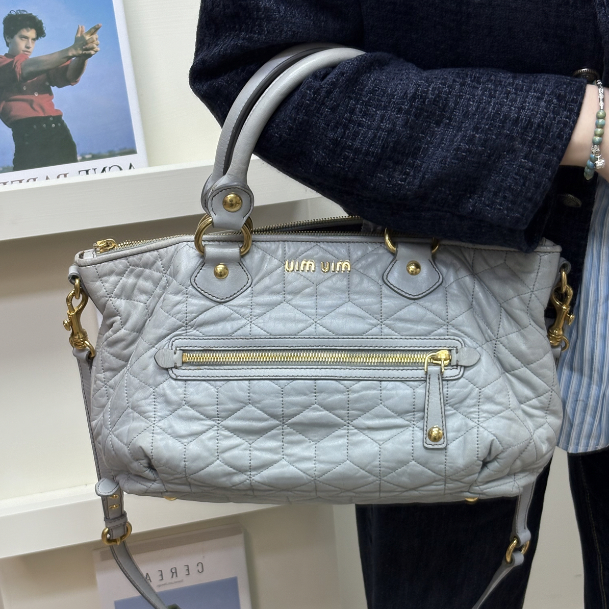 95新 MIU MIU/缪缪 蓝灰色手柄手提单肩斜挎包