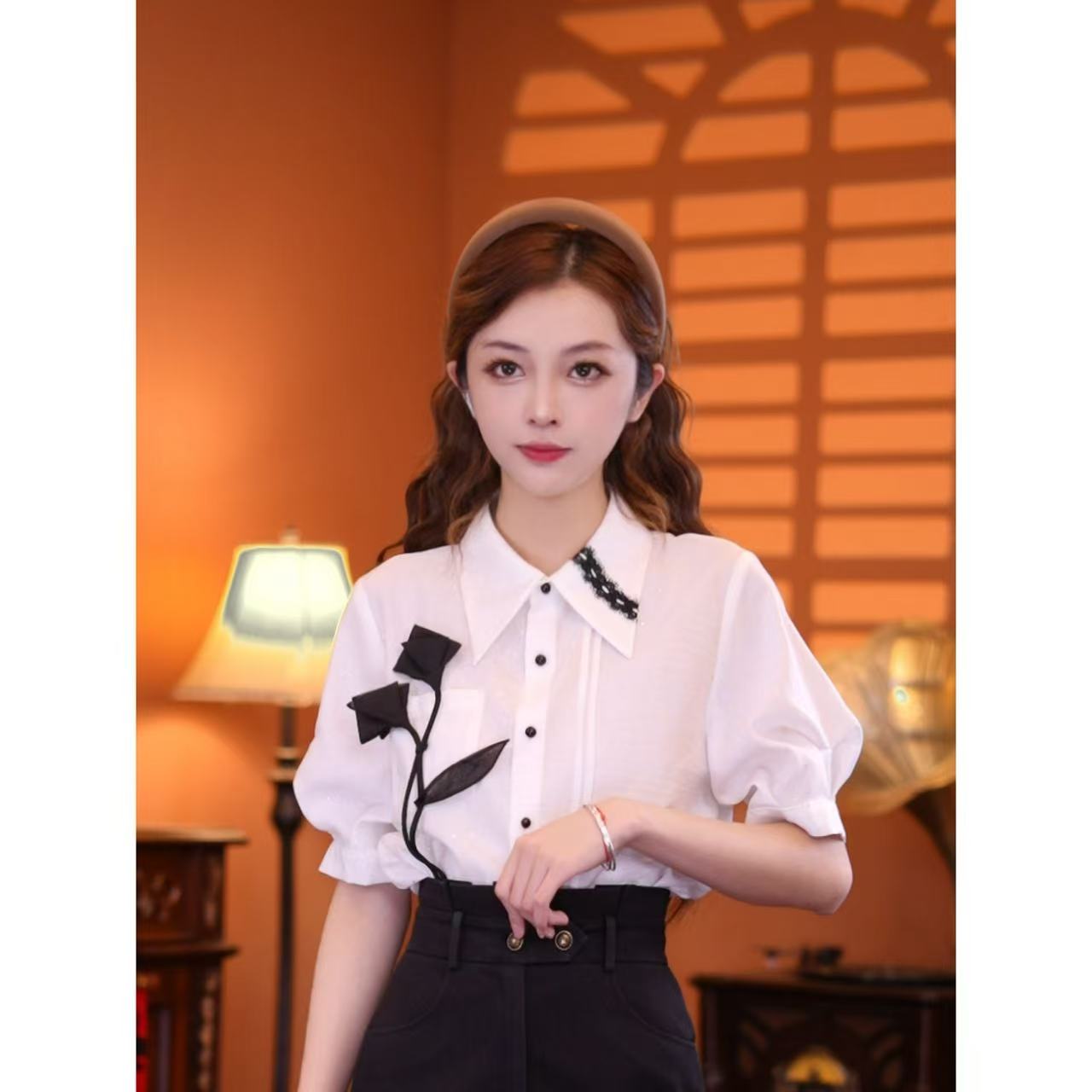 乐乐【晚风拂花】港味复古时尚气质短袖上衣02493