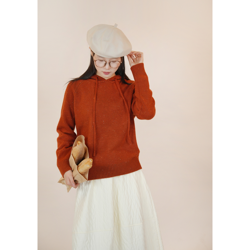 百武西“漫冬收藏家”法式文艺彩点纱连帽系带针织毛衣9170