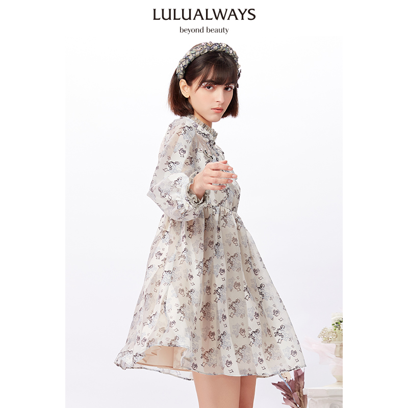 LULUALWAYS春季法式网纱印花中长款连衣裙LNA5072