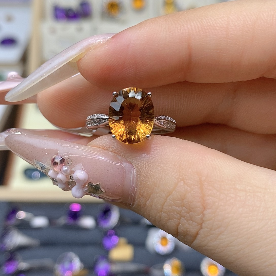 善***心珠宝半成品银S925镶嵌水晶纯天然黄水晶戒指