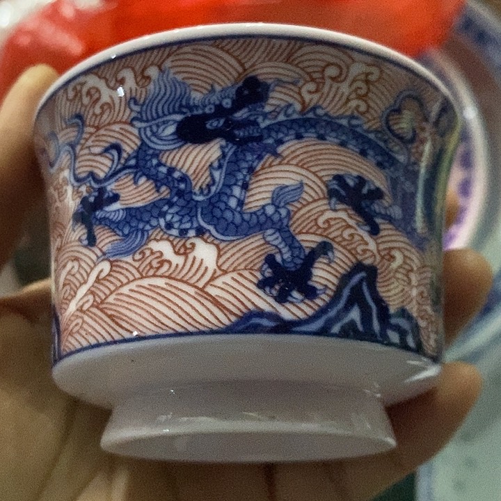 摆件陶瓷红稀土釉里红龙大马蹄杯