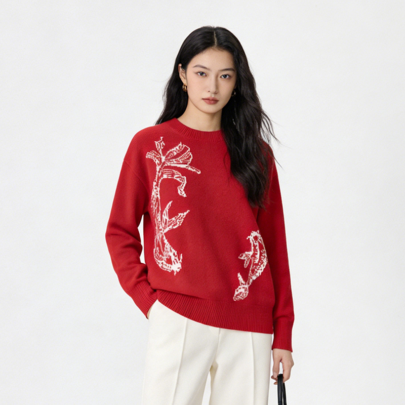 Grace&Glam 年年有余幸运红色温暖羊毛毛衣 新中式国潮风休闲简约