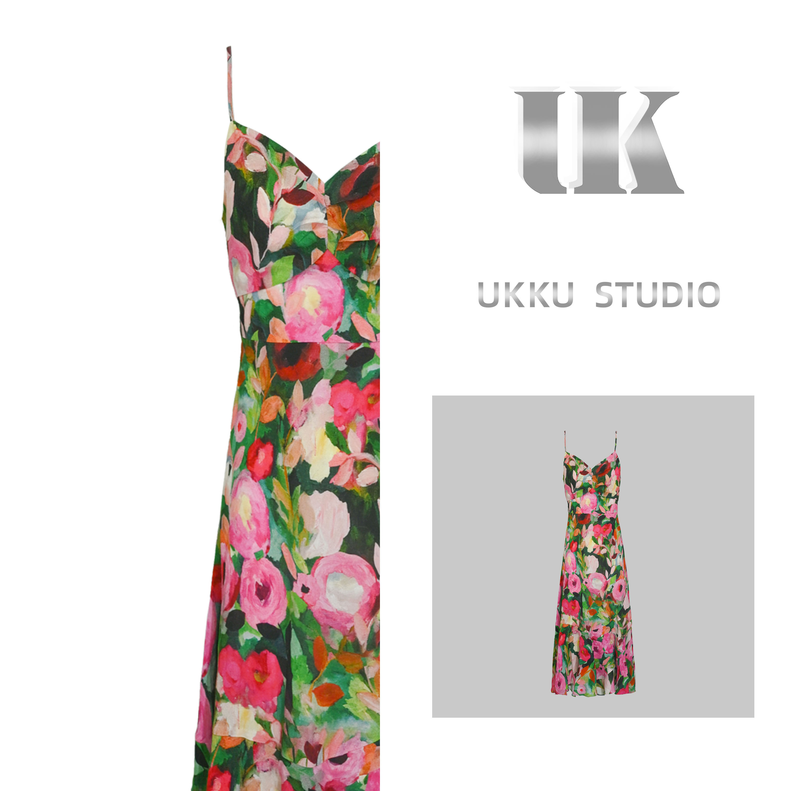 YT【UKKU STUDIO】轻奢设计师玫瑰庄园收腰碎花吊带连衣裙213878