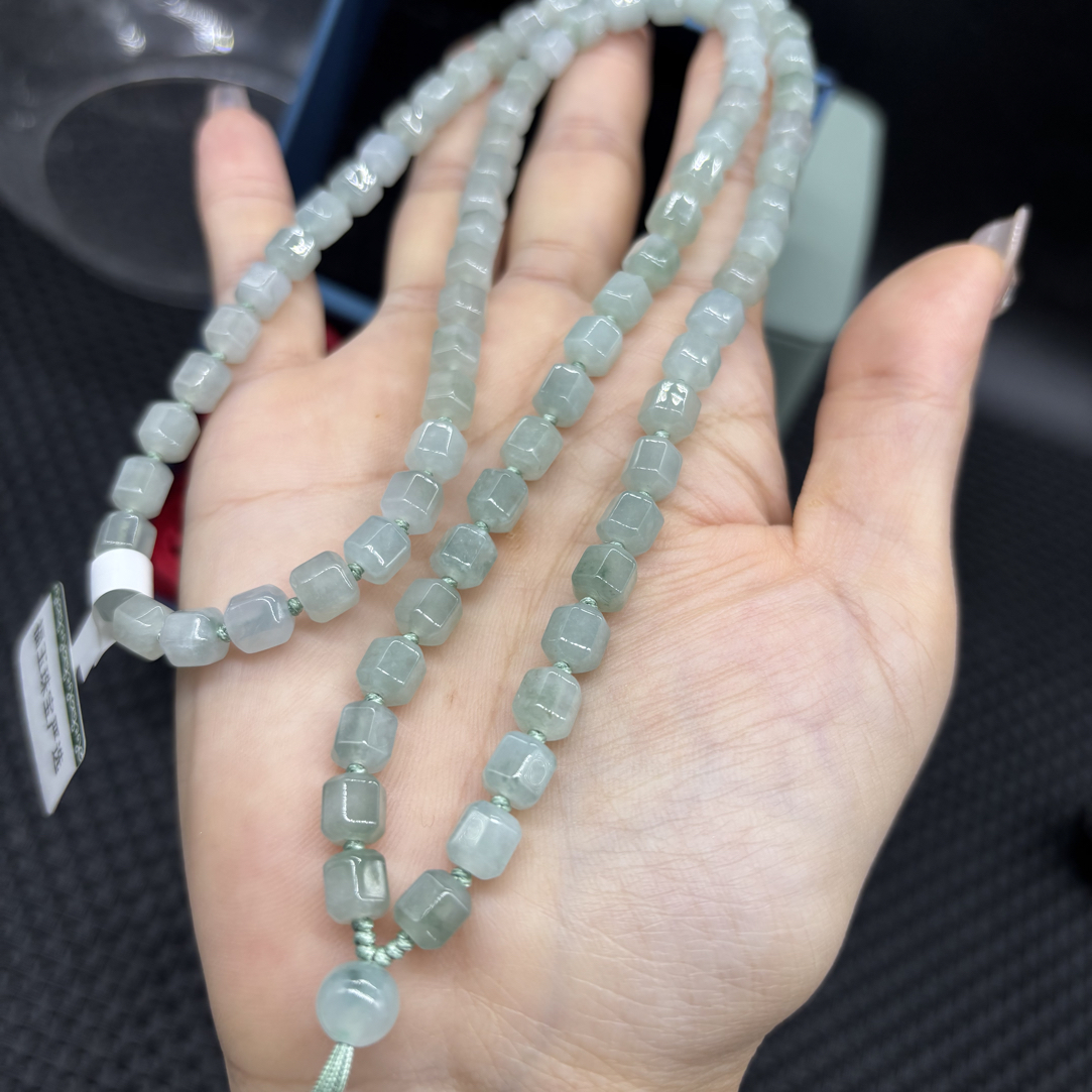 高档天然缅甸翡翠A货冰晴水多棱珠6mm玉石珠链挂件绳毛衣链百搭款