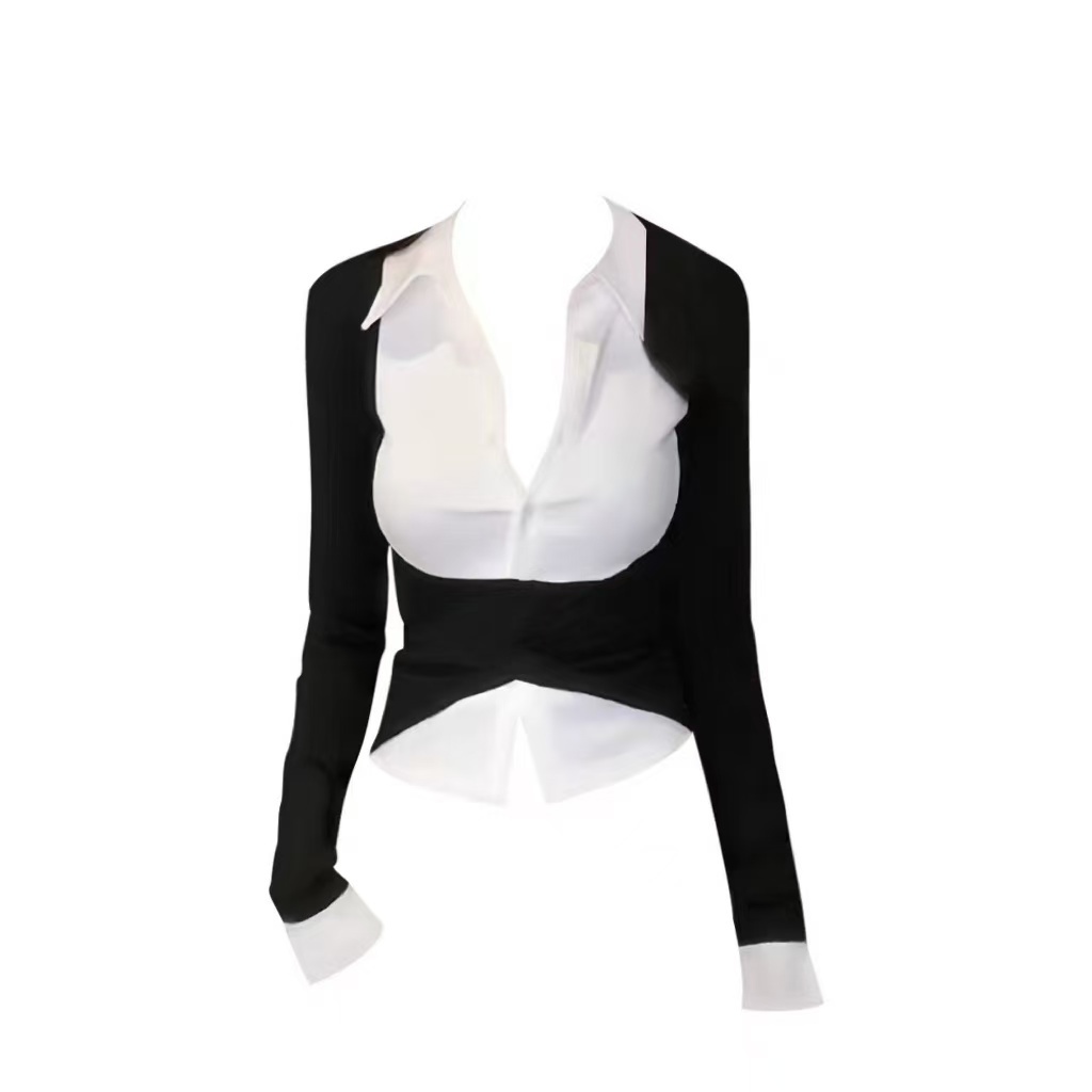 麦麦家气质辣妹时尚假两件收腰长袖女秋季短款上衣