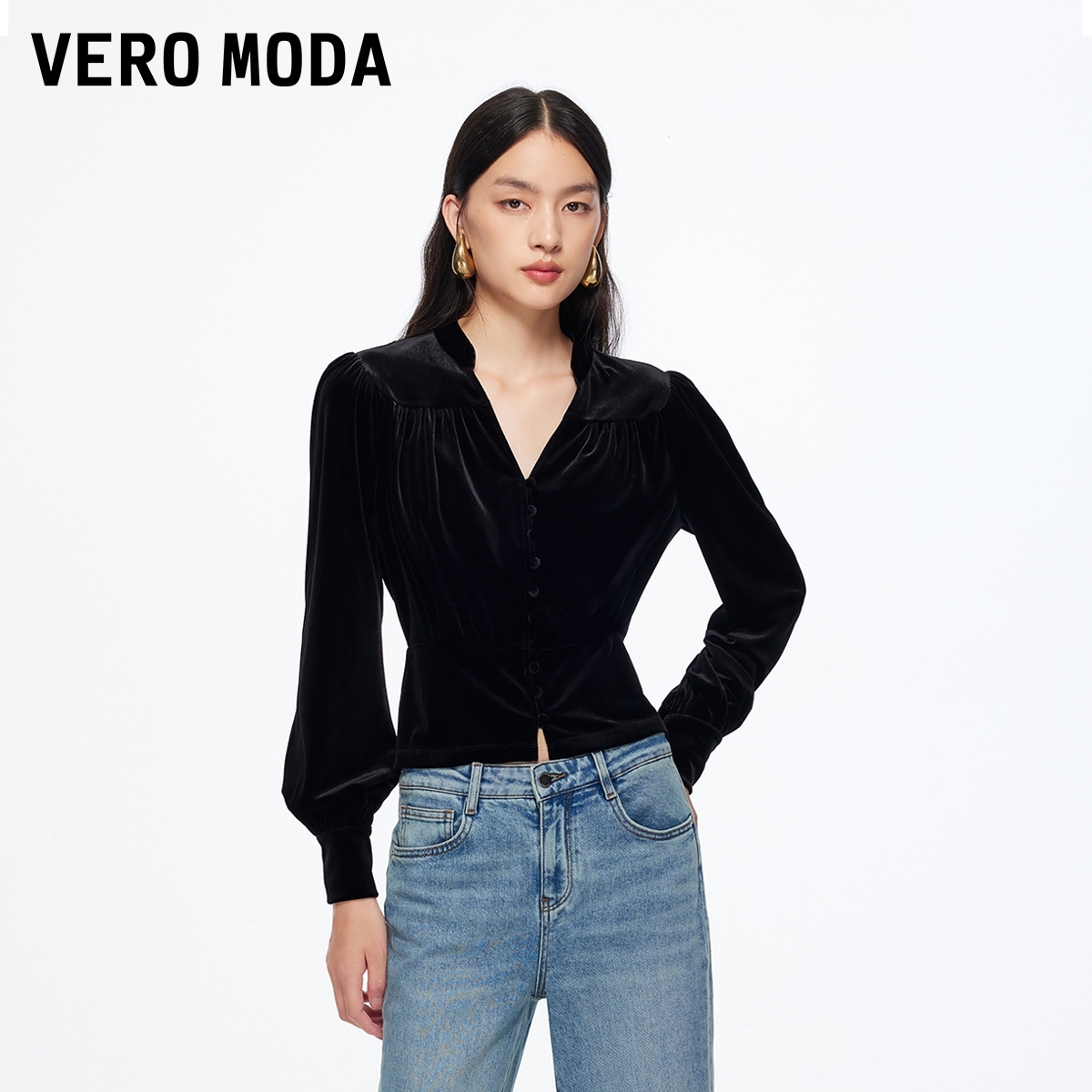 Vero ModaT恤女2025秋冬新款V领下摆收腰显瘦时尚上衣325451001