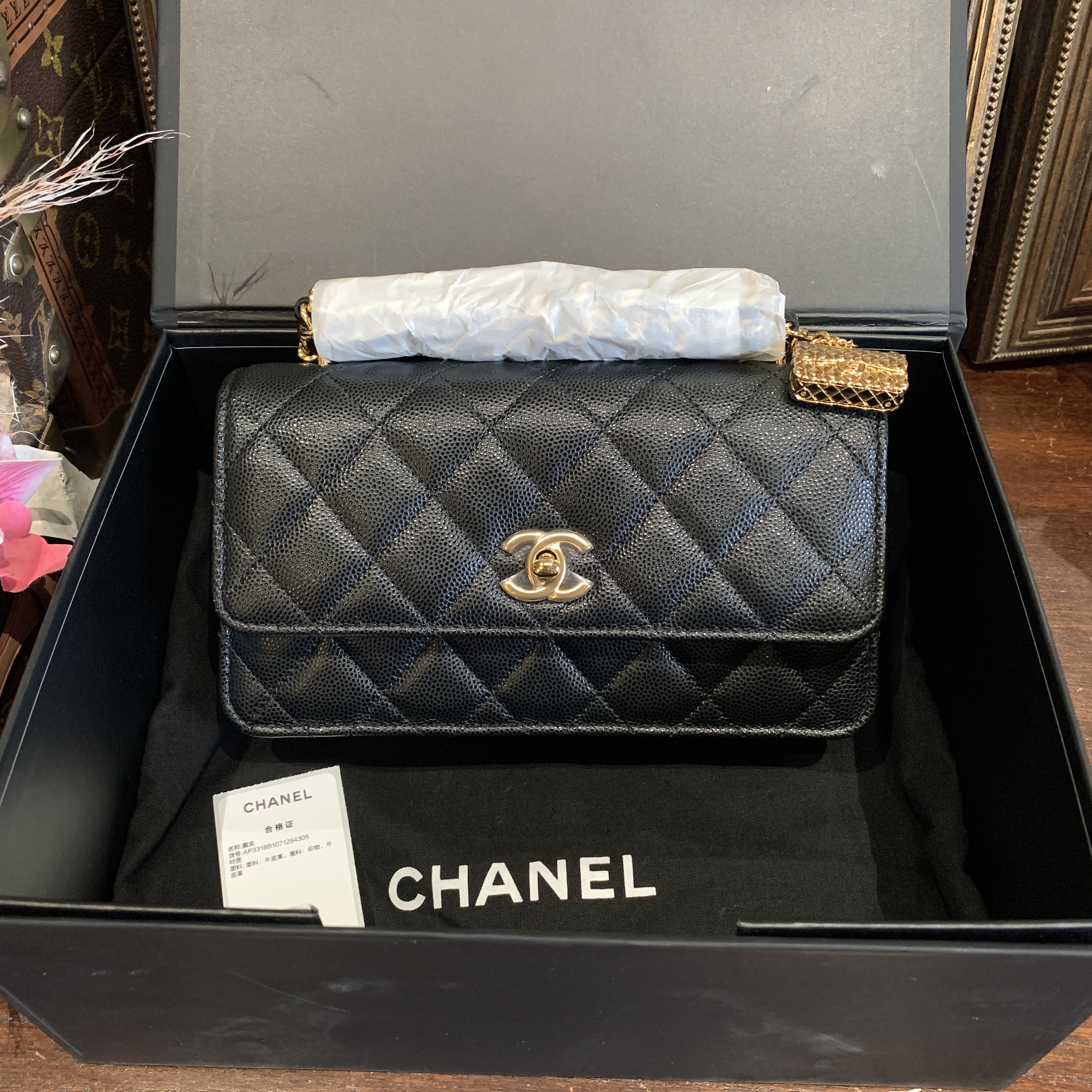 全新未使用 Chanel/香奈儿 23S吊坠包woc 黑金芯片款/sp22816