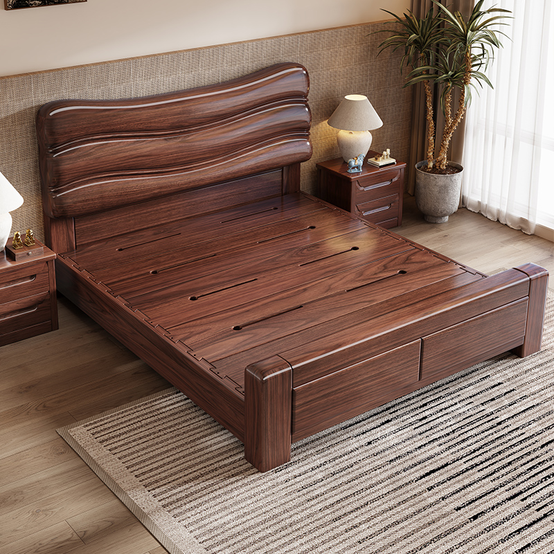 黑胡桃木实木床榫卯结构轻奢大床中式1.8m家用主卧双人床工厂直销