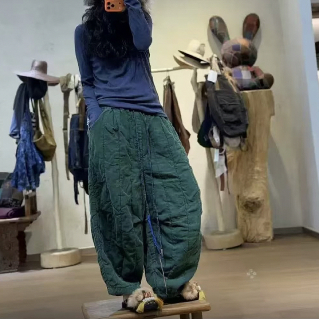 忆古色织双色坑条色织亚麻手工抽绳竖条踩线棉裤