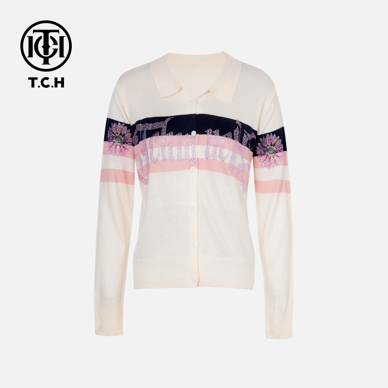 TCH私服秋款烫钻新时尚淑女百搭潮流针织开衫T75C43E5005轻奢tch