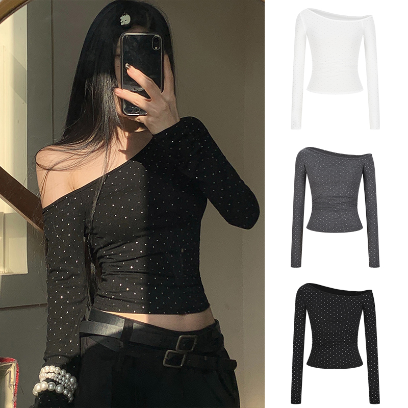 Moses Queen/魔西女王美式辣妹波点斜领长袖显瘦掐腰T恤打底衫女
