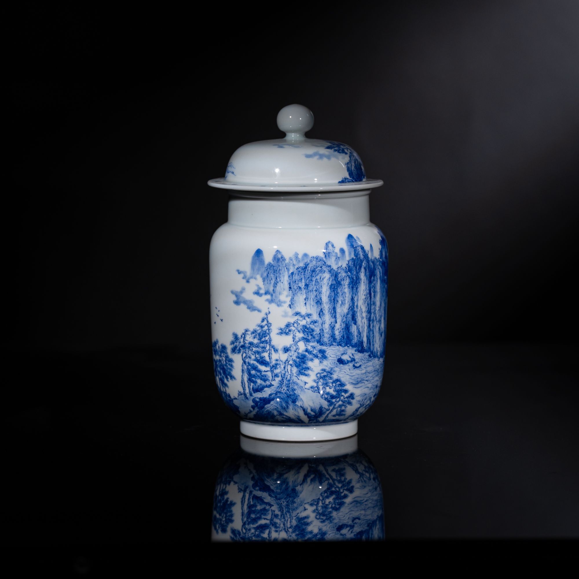 厚山柴窑青花山水茶叶罐