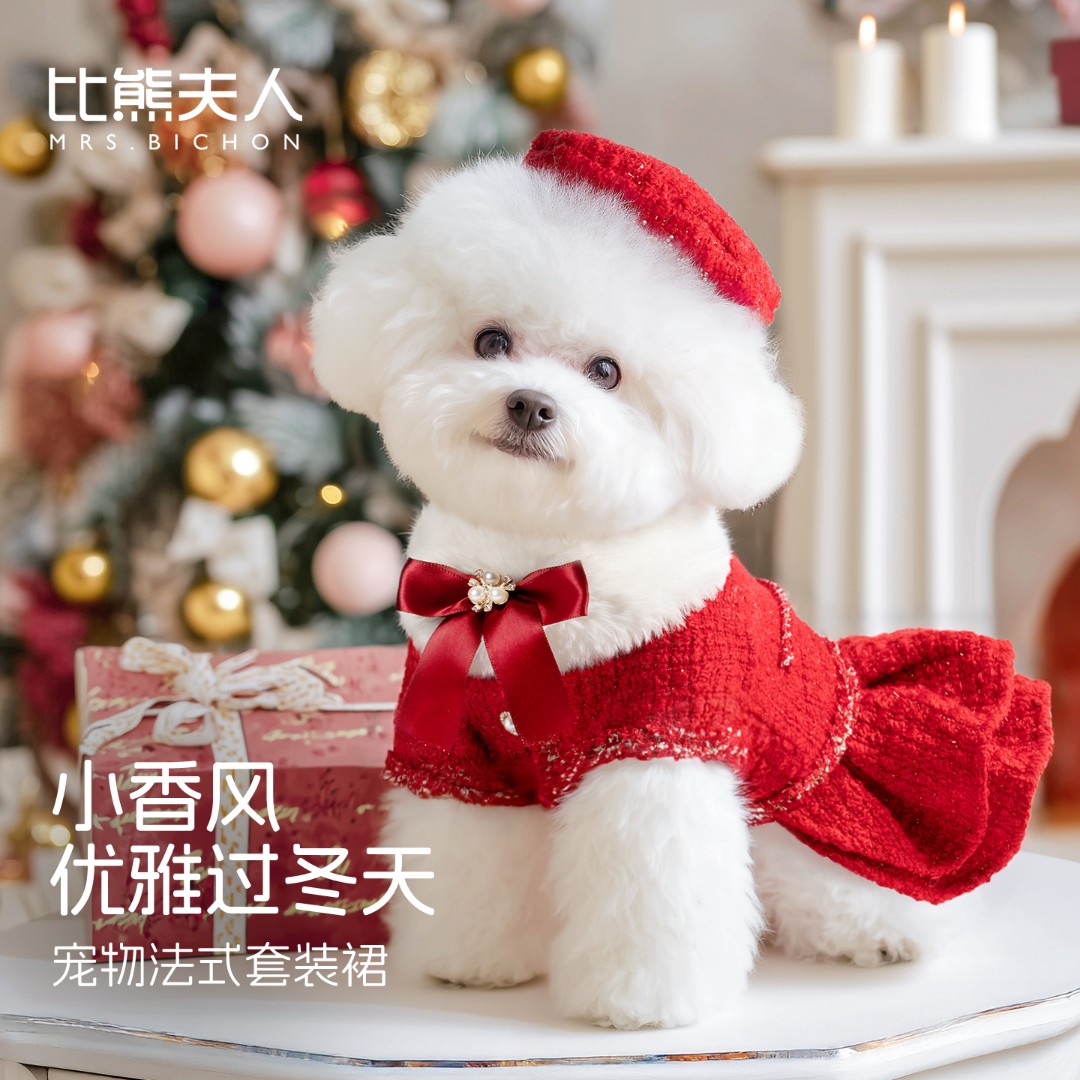 比熊夫人狗狗新年衣服红色小香风结婚礼服小型犬宠物加厚冬装外套