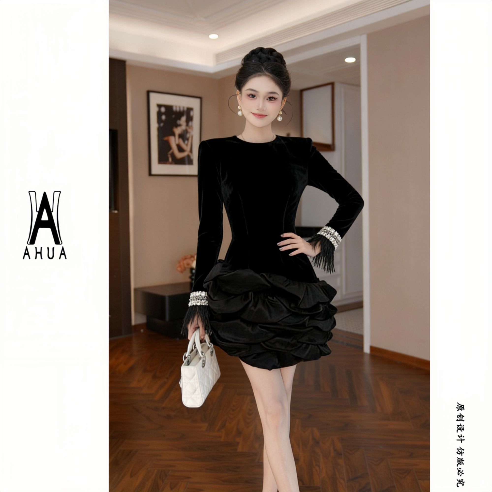 【花花原创】小众设计师高腰羽毛袖水钻蓬蓬蛋糕黑色连衣裙115588