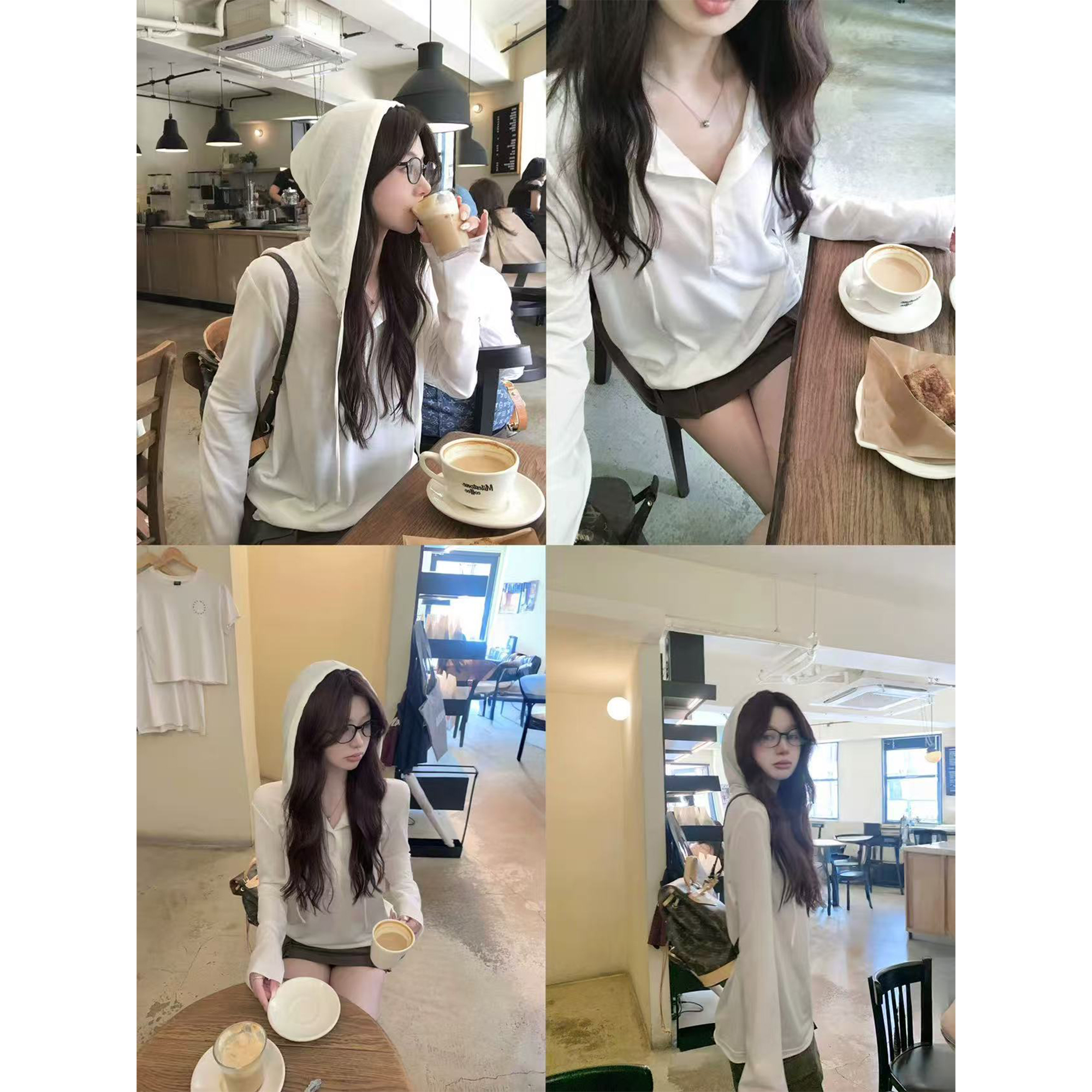 轻柔亨利领松弛针织连帽长袖t恤女C 9045#