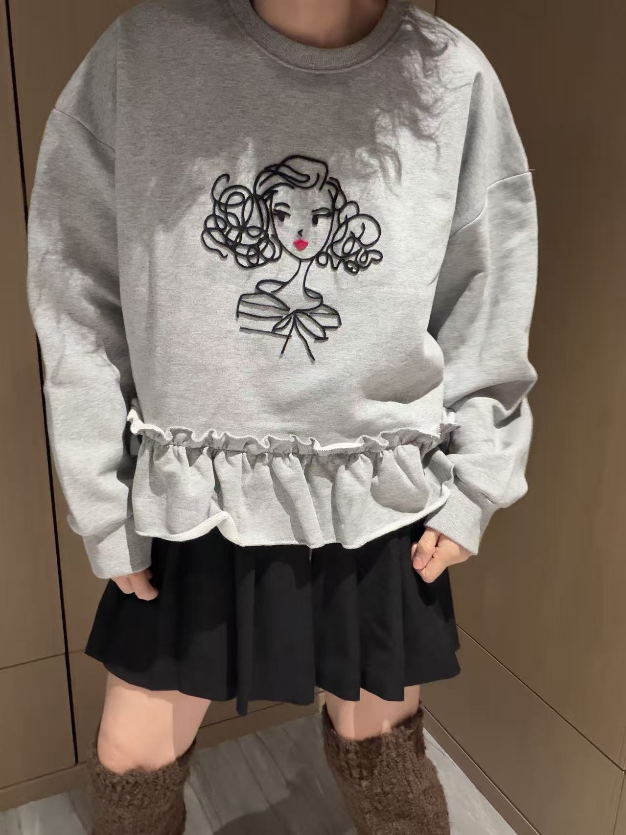 韩版秋冬新款简笔人物画卫衣女上衣