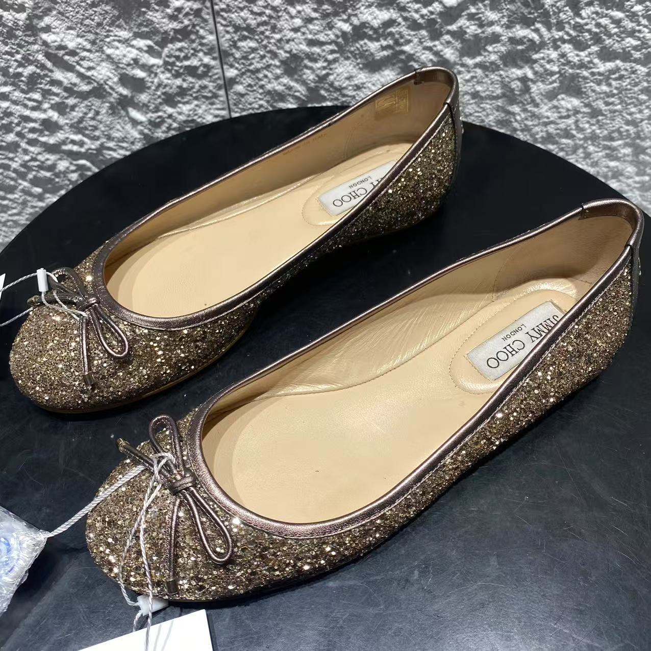 99新 JIMMY CHOO/吉米周 37.5码/香槟金亮片蝴蝶结平底单鞋wsp256