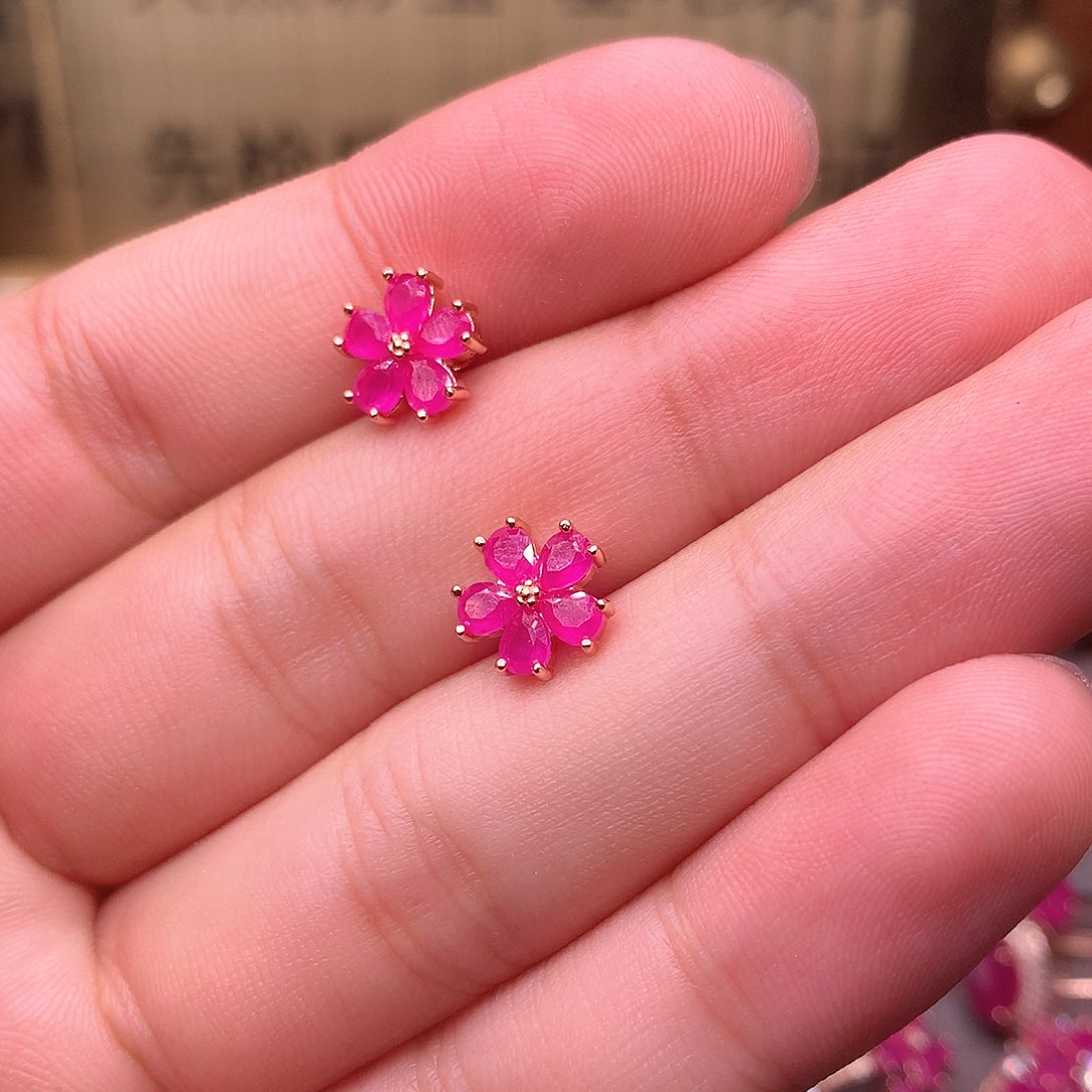 红宝石耳饰银S925镶嵌