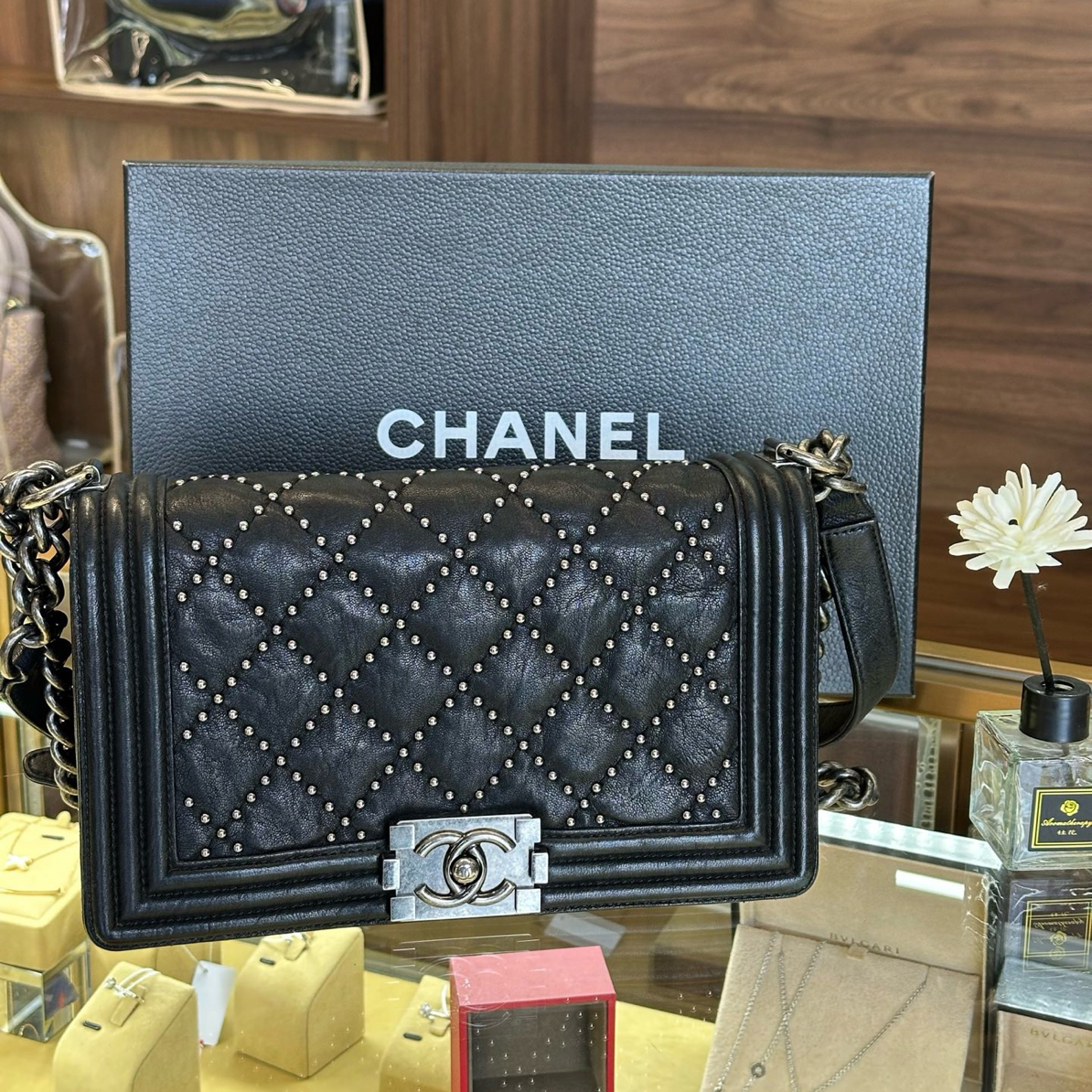 95新 Chanel/香奈儿 黑银 圆钉 leboy链条包 8013