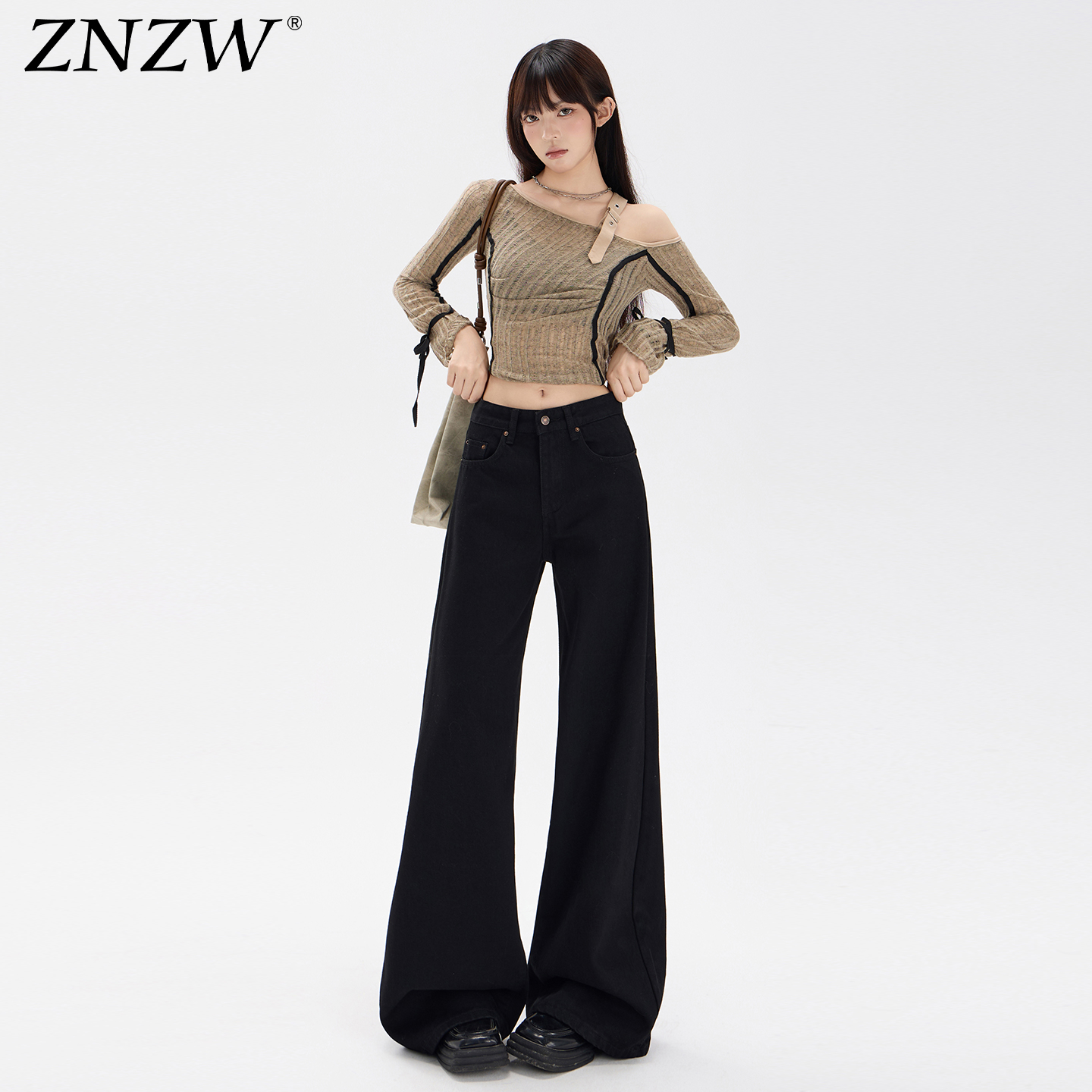 ZNZW黑色直筒牛仔裤女2025秋季高腰宽松小个子修身窄版阔腿裤子女