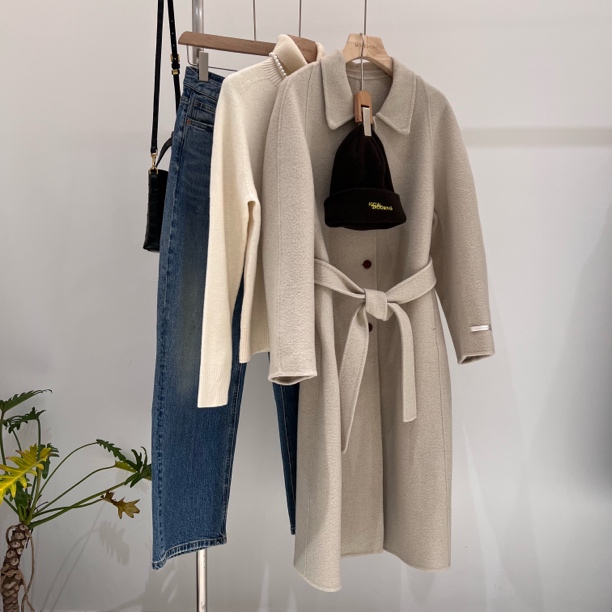 6819秋冬新款翻领纽扣撞色长款韩系简约大衣外套