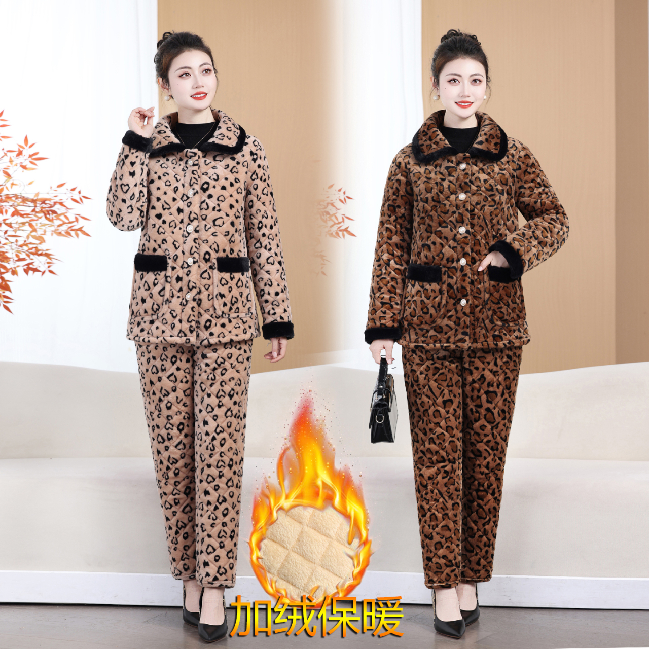 时尚洋气两件套妈妈款加绒棉衣套装大码外穿冬装棉衣中年加厚保暖