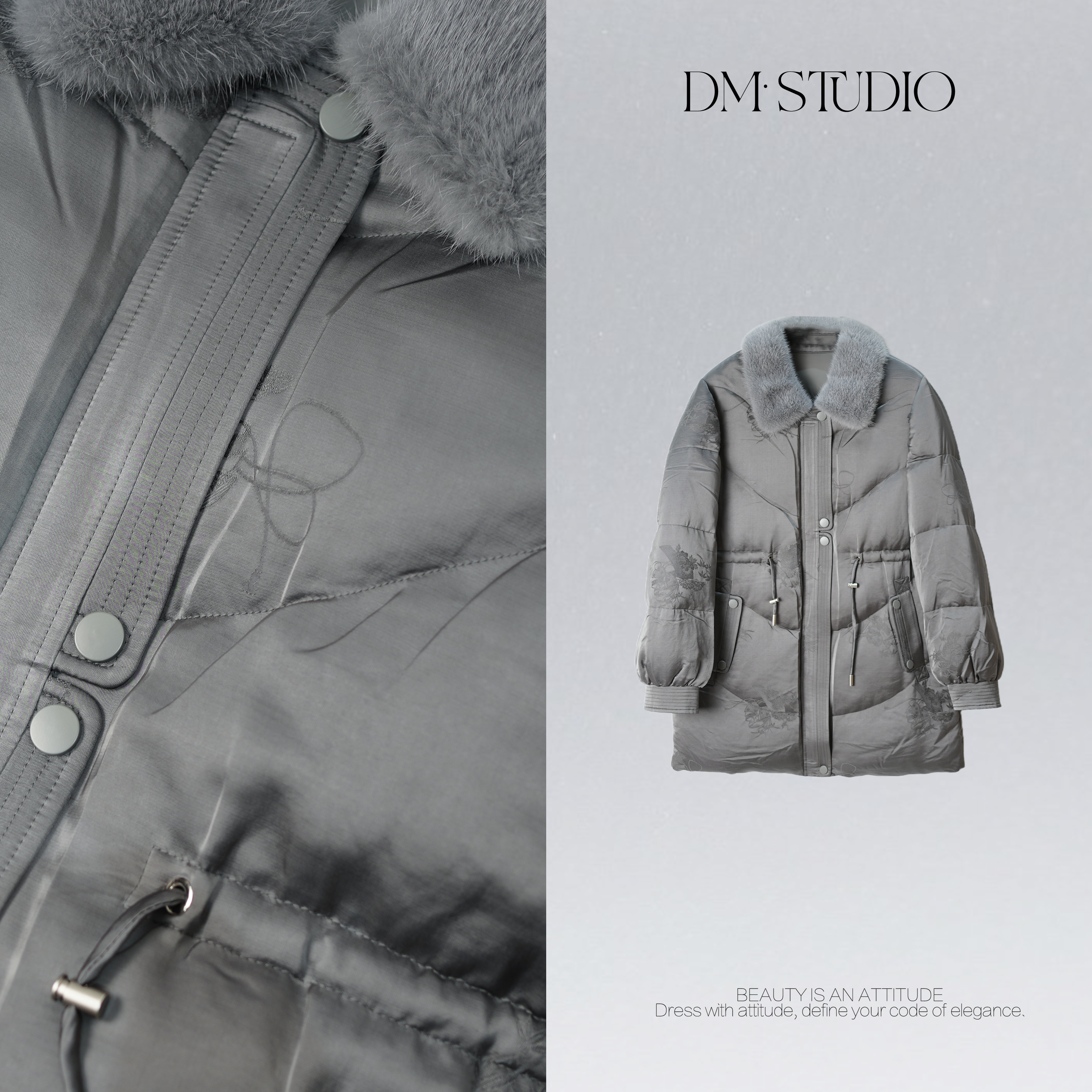 DEDM•STUDIOM/静奢风中长款提花水貂毛领90白鹅绒服2506YRF/89360