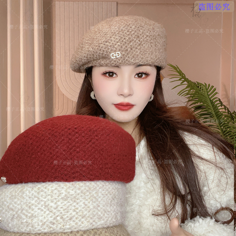 [立体钩花]澳毛秋冬保暖气质女士贝雷帽洋气显脸小画家帽新款帽